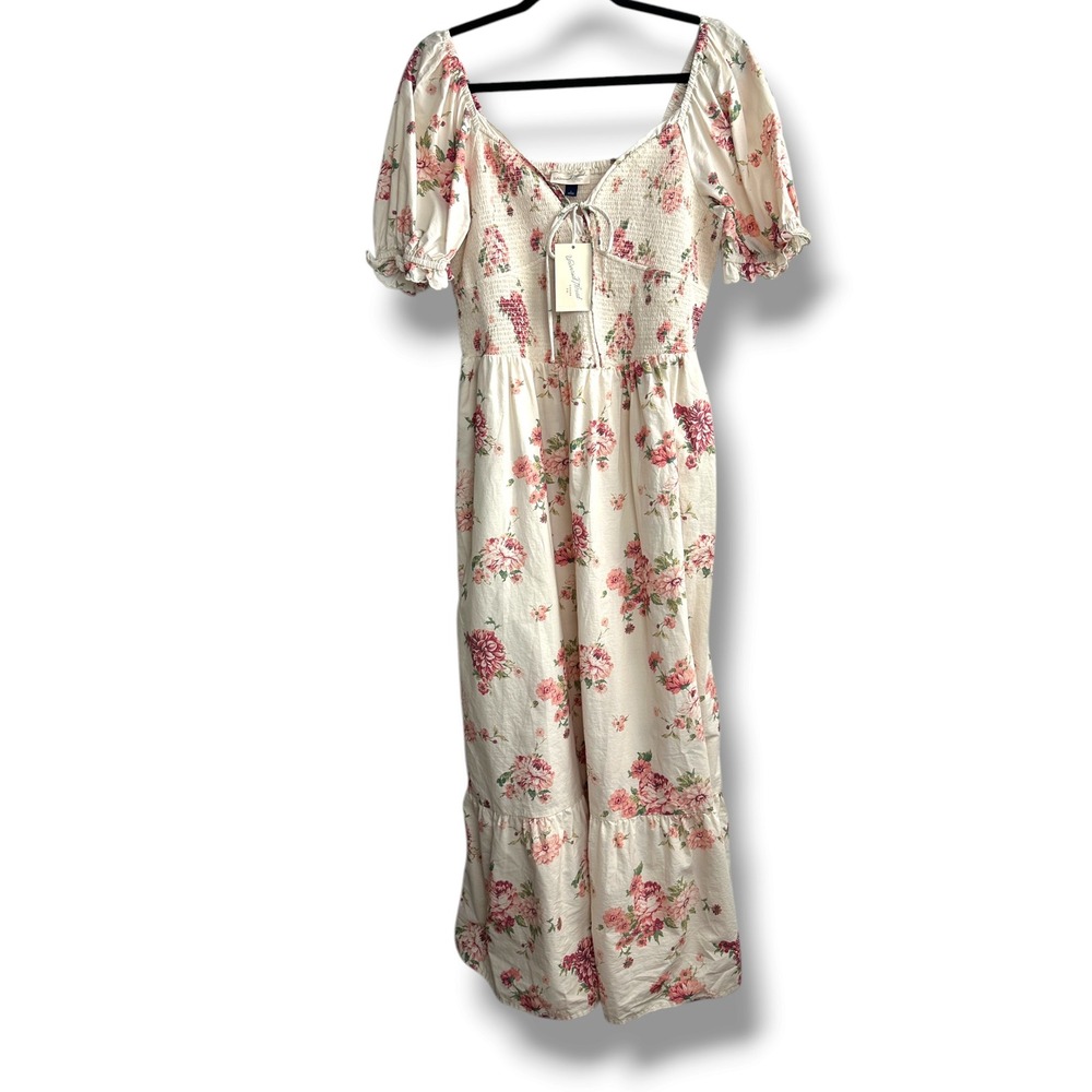 Universal Thread Maxi Dress Women Lg Cream Pink Floral Smocked Puff Sleeve New